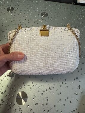 Woven White Clutch with Gold Chain Shoulder Strap